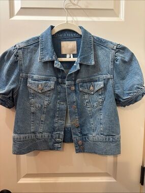 PAIGE Light Wash Puff Sleeve Cropped Denim Jacket